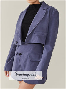 Sun-imperial Women Blue Buttoned Cropped Jacket and front Slim Mini Skirt Set cropped jacket mini skirt set, elegant style, harajuku PUNK 