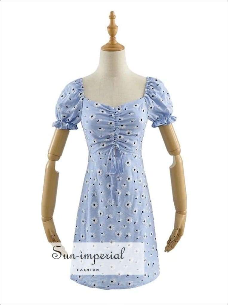 Sun-imperial Women Blue Floral A-line Drawstring Bust Puff Sleeved Mini Dress with Cut out detail