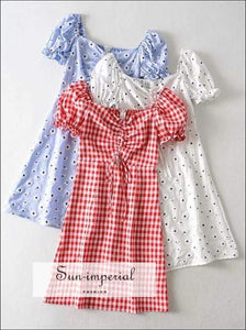 Sun-imperial Women Blue Floral A-line Drawstring Bust Puff Sleeved Mini Dress with Cut out detail