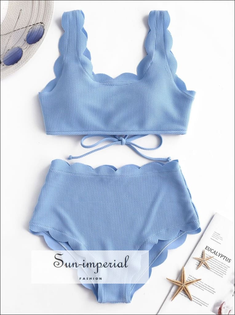 Sun-imperial Women Blue Textured Scalloped High Rise Bikini Swimsuit Wire Free Spaghetti Straps Solid tie Back SUN-IMPERIAL United States