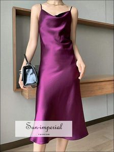 Sun-imperial Women Brown Sleeveless Cami Strap V Neck Soft Satin Slip Long Dress elegant style, harajuku PARTY DRESS, Purple dress 
