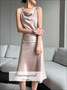 Sun-imperial Women Champagne Sleeveless Cami Strap V Neck Soft Satin Slip Long Dress elegant style, harajuku PARTY DRESS, Brown Dress, 