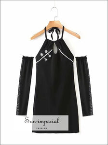 Sun-imperial Women Chinese Style Halter Cut out Embroidery Mini Dress with Detachable Mesh Sleeves Basic style, dress, High quality mini 