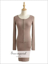 Sun-Imperial Sun-imperial Women Co-ord Zip up Rib Knit top and Knit Mini Skirt Rib Knitted Set High Street