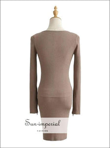 Sun-Imperial Sun-imperial Women Co-ord Zip up Rib Knit top and Knit Mini Skirt Rib Knitted Set High Street