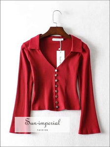 Sun-imperial Women Collar Button up Ribbed top with Slight Flare Sleeve Classic Skinny Rib Long SUN-IMPERIAL United States