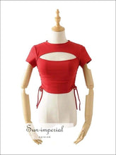 Sun-imperial Women Cut out front Crop Tee with Shirred Drawstring Sides Cotton Slim Tee High Street