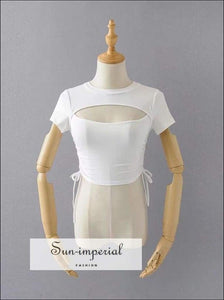 Sun-imperial Women Cut out front Crop Tee with Shirred Drawstring Sides Cotton Slim Tee High Street