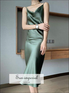 Sun-imperial Women Green Sleeveless Cami Strap V Neck Soft Satin Slip Long Dress elegant style, harajuku PARTY DRESS, Brown Dress, 