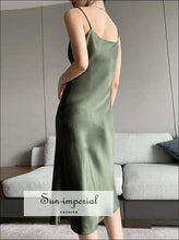 Sun-imperial Women Green Sleeveless Cami Strap V Neck Soft Satin Slip Long Dress elegant style, harajuku PARTY DRESS, Brown Dress, 