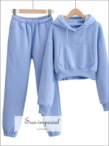 Sun-imperial Women Grey Cropped Drop Shoulder Kangaroo Pocket Fleece Hoodie Sweatshirt & Sweatpants 2 piece set, activewear, get active, 