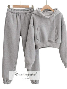 Sun-imperial Women Grey Cropped Drop Shoulder Kangaroo Pocket Fleece Hoodie Sweatshirt & Sweatpants 2 piece set, activewear, get active, 