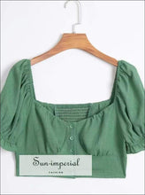 Sun-imperial Women Heartsweet Neck Button front Crop Blouse with Tied Puff Sleeves High Street