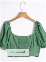 Sun-imperial Women Heartsweet Neck Button front Crop Blouse with Tied Puff Sleeves High Street