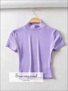Sun-imperial Women High Neck Fitted Short Sleeve T-shirt Rib Crop Rib top