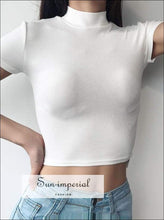 Sun-imperial Women High Neck Fitted Short Sleeve T-shirt Rib Crop Rib top