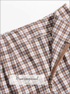 Sun-imperial Women High Waist Two Small front Slits Plaid Mini Skirt in Brown High Street Fashion