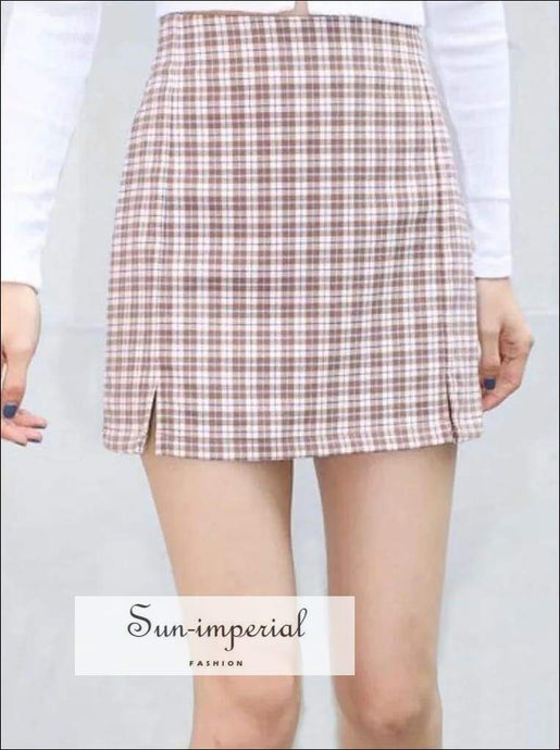 Sun-imperial Women High Waist Two Small front Slits Plaid Mini Skirt in Brown High Street Fashion