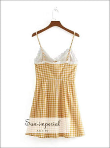 Sun-imperial Women Lace Trimmed Sweetheart Neckline Buttons front Sundress in Yellow Gingham High