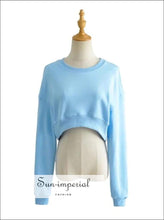 Sun-imperial Women Light Blue Crew Neck Dropped Shoulder Cropped Sweatshirt High Street Fashion Basic style, casual chick sexy harajuku PUNK