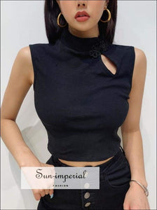 Sun-imperial Women Mandarin Collar Crop Tank Chinese Style Ribbed Crop top High Street Fashion