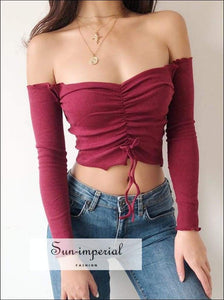 Sun-imperial Women off Shoulder Drawstring Ribbed Crop top with Frill Trimming High Street Fashion SUN-IMPERIAL United States