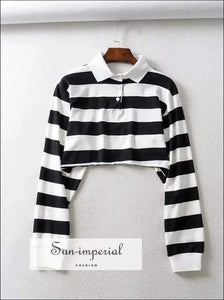 Sun-imperial Women Polo Collar Super Crop Striped Sweatshirt High Street Fashion