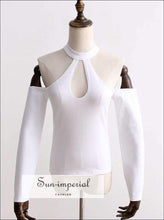 Sun-imperial Women Sexy Halter Long Sleeve Tops with Hollow out front Cold-shoulder Close-cut