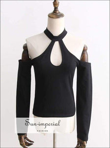 Sun-imperial Women Sexy Halter Long Sleeve Tops with Hollow out front Cold-shoulder Close-cut