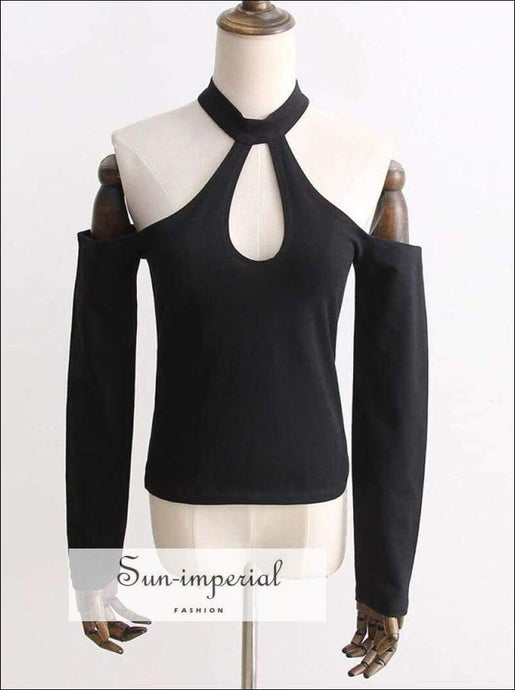 Sun-imperial Women Sexy Halter Long Sleeve Tops with Hollow out front Cold-shoulder Close-cut