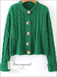 Sun-imperial Women Green Sweater Autumn Winter Long Sleeve Golden Buttons Cardigan