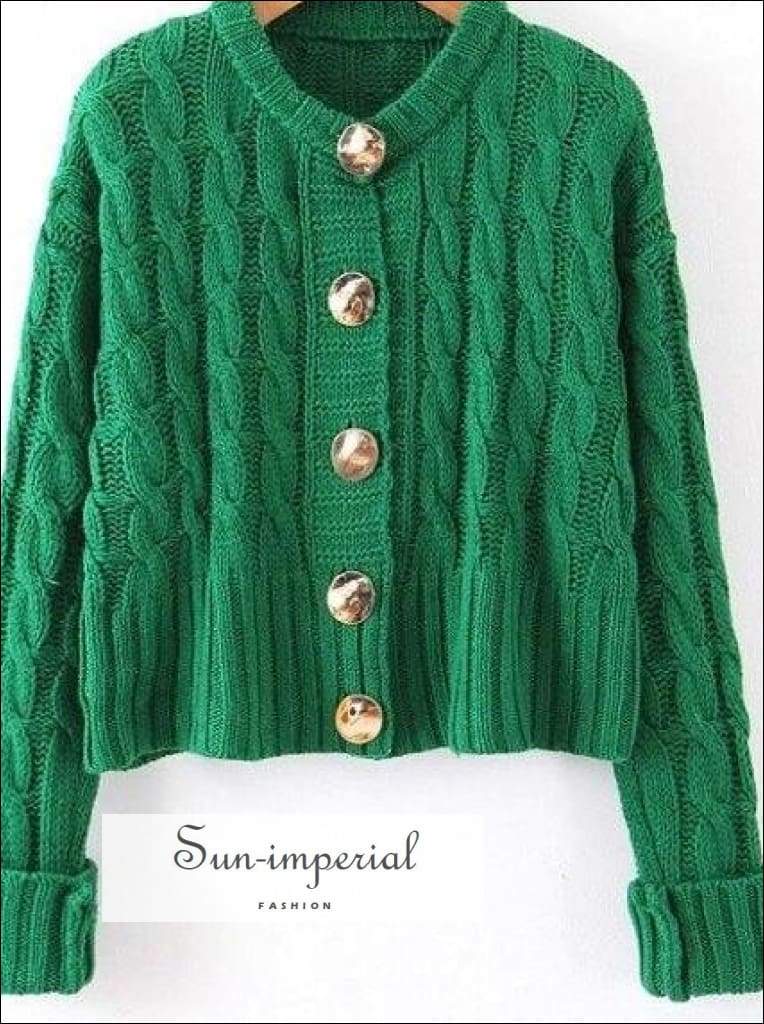 Sun-imperial Women Green Sweater Autumn Winter Long Sleeve Golden Buttons Cardigan