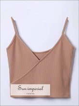 Sun-imperial Women Strappy Crop Cami Tops Ribbed Jersey V-neck Wrap top Cropped Camisole High Basic style, cami, cami strap, sleeveless, 