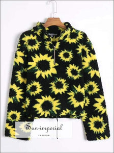 Sun-imperial Women Sunflower Print Half Zip Fleece Sweatshirt with Drawstring Hem High Street