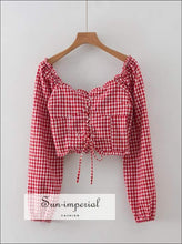 Sun-imperial Women Sweetheart Neck Lace up Crop Check Blouse with Frill Trim High Street Fashion