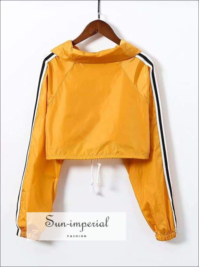 Sun-imperial Women Three Buttons front Drawstring Hem Crop Jacket with side Stripes High Street