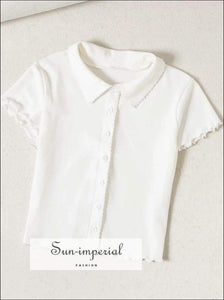 Sun-imperial Women Turn Down Collar Button through T-shirt with Lettuce Trimming Cap Sleeved Slim SUN-IMPERIAL United States