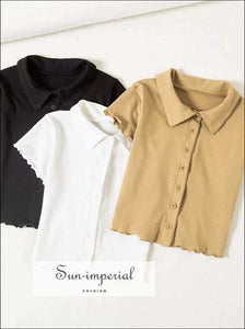 Sun-imperial Women Turn Down Collar Button through T-shirt with Lettuce Trimming Cap Sleeved Slim SUN-IMPERIAL United States