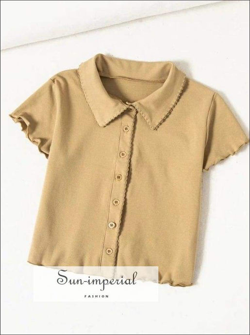 Sun-imperial Women Turn Down Collar Button through T-shirt with Lettuce Trimming Cap Sleeved Slim SUN-IMPERIAL United States