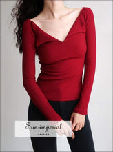 Sun-imperial Women Turn Down Collar Fit on T-shirt with Long Sleeve Ribbed top High Street Fashion