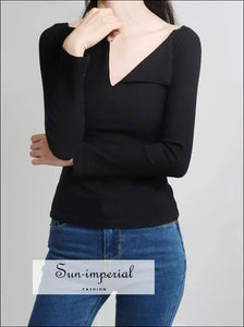 Sun-imperial Women Turn Down Collar Fit on T-shirt with Long Sleeve Ribbed top High Street Fashion