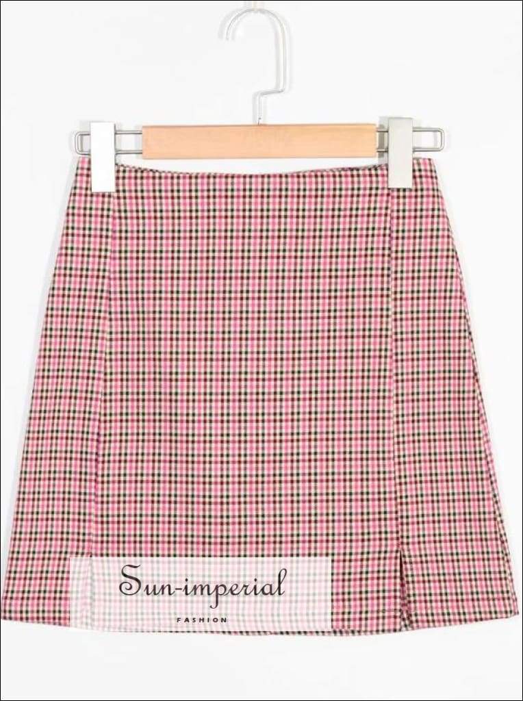 Sun-imperial Women Two Small front Slits Plaid Mini Skirt in Pink High Street Fashion