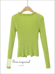 Sun-imperial Women Green V Neck Frill Trim Knit Cardigans Vintage Knit Ribbed top with Fringing detail