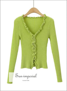 Sun-imperial Women Green V Neck Frill Trim Knit Cardigans Vintage Knit Ribbed top with Fringing detail