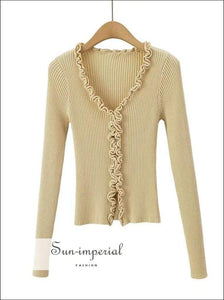Sun-imperial Women White V Neck Frill Trim Knit Cardigans Vintage Knit Ribbed top with Fringing detail