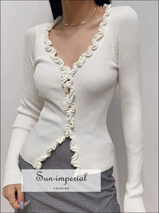 Sun-imperial Women White V Neck Frill Trim Knit Cardigans Vintage Knit Ribbed top with Fringing detail