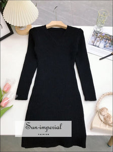 Sun-imperial Women v Neck Ribbed Knitted Long Sleeve Bodycon Mini Dress Sun-Imperial V United States