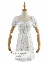 Sun-imperial Women White Dot A-line Drawstring Bust Puff Sleeved Mini Dress with Cut out detail High