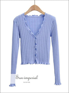 Sun-imperial Women White V-neck Ribbed Knit Cardigan with Ruffle Trims detail Basic style, chick sexy street vintage style SUN-IMPERIAL 