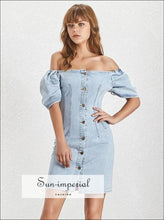 Women's blue denim square neck puff sleeve mini dress
